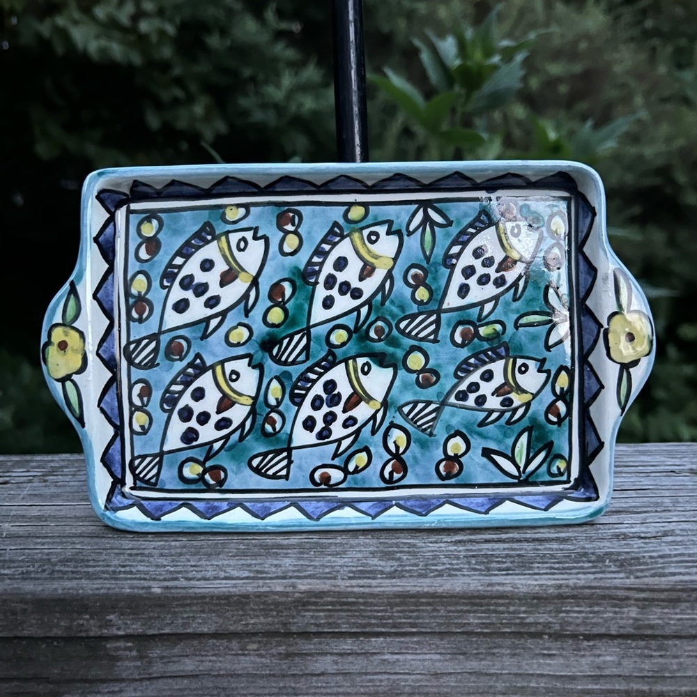 Vintage Ceramic Signed Jerusalem Tray or Dish School of Fish Preowned 6.75” L
